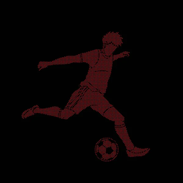 足球运动员运行和踢球动作设计使用点模式图形向量 — 图库矢量图片