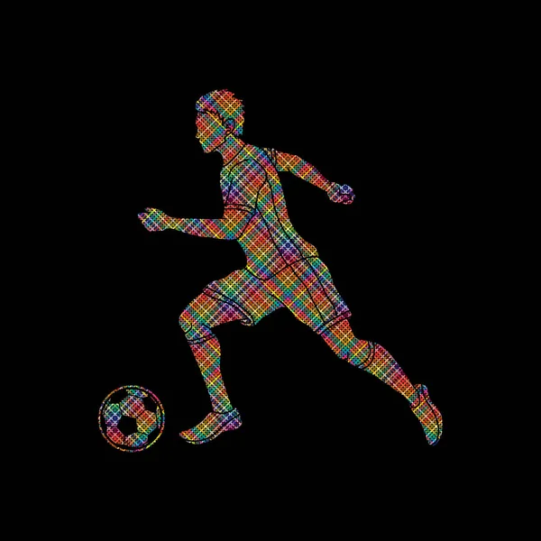 Fußballer Läuft Mit Fußball Ball Aktion Entwickelt Mit Punkten Pixel — Stockvektor