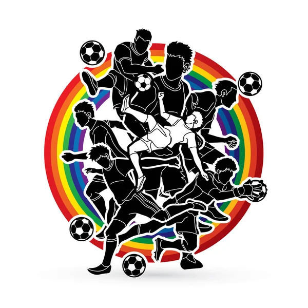 Fußballer Team Zusammensetzung Auf Linie Regenbogen Hintergrund Grafik Vektor Entworfen — Stockvektor