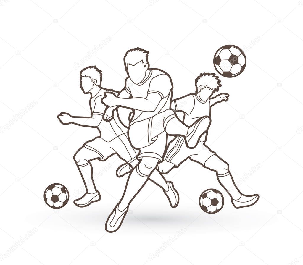 Three Soccer player team composition outline graphic vector.
