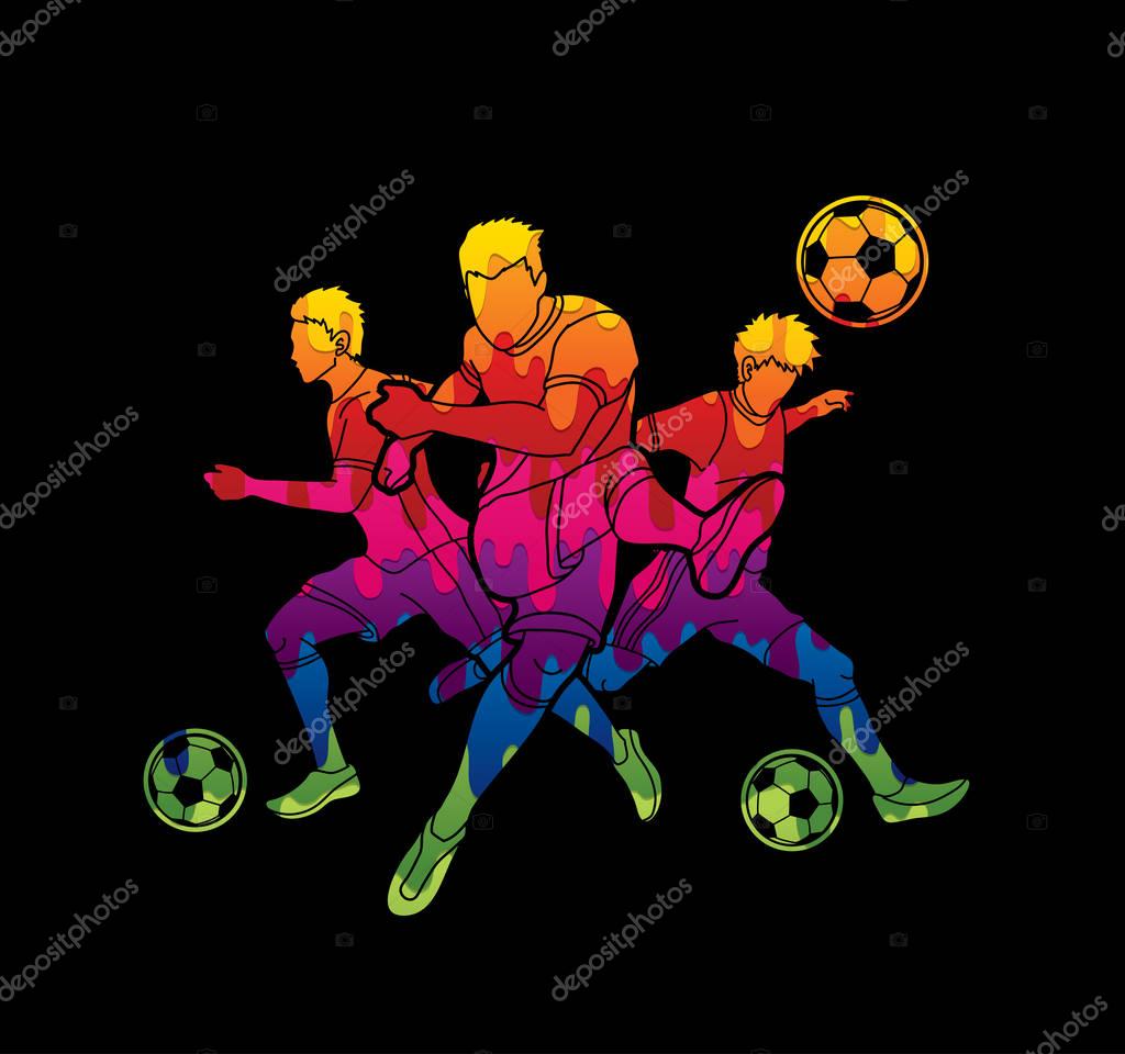 Three Soccer player team composition designed using colorful graphic vector.
