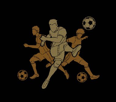Geometrik desen grafik vektör kullanılarak tasarlanmış üç futbol oyuncu takım kompozisyon.