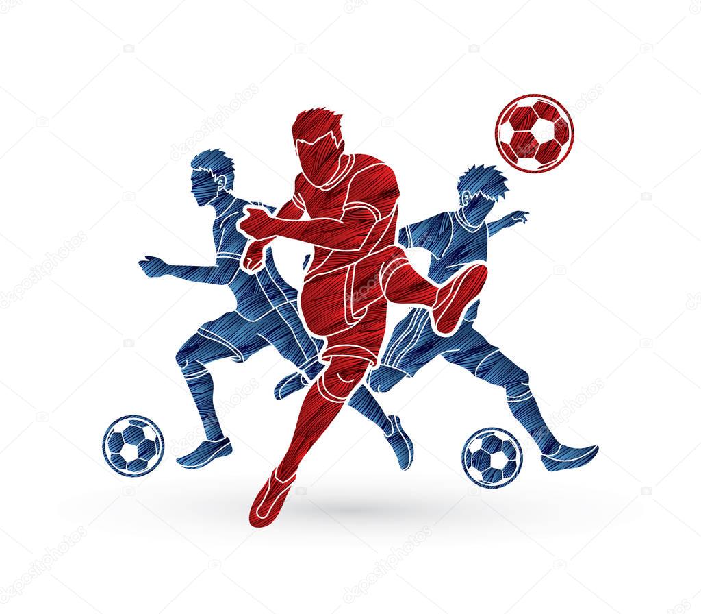 Three Soccer player team composition designed using grunge brush graphic vector.