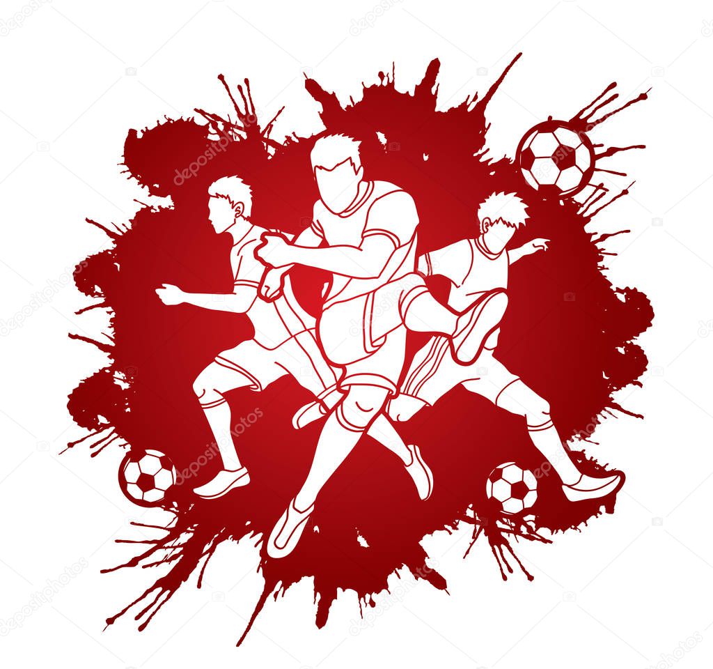 Three Soccer player team composition designed on splatter blood background graphic vector.