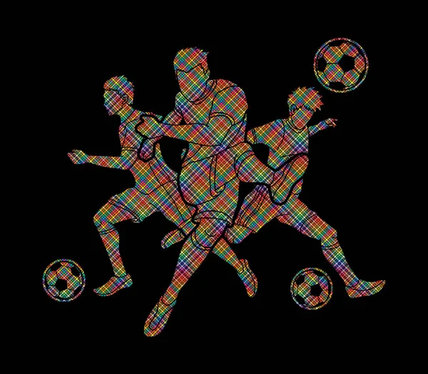 Zusammensetzung Von Drei Fußballern Mit Farbenfrohen Pixeln Als Grafischer Vektor — Stockvektor