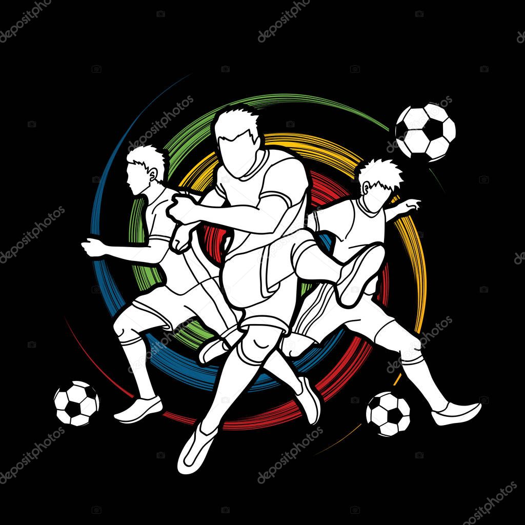 Three Soccer player team composition designed on spin wheel background graphic vector.