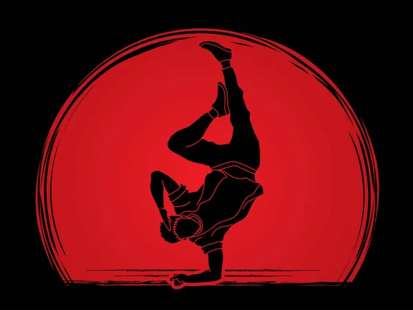 Street dance, B boys dance, Dancing action designed on sunset background graphic vector