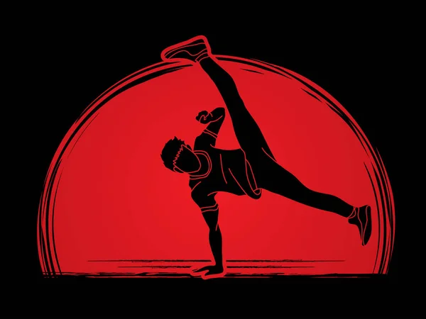 ストリート ダンス 男の子のダンス ヒップホップ ダンスのアクション グラフィック ベクトルの夕日を背景に設計されています — ストックベクタ
