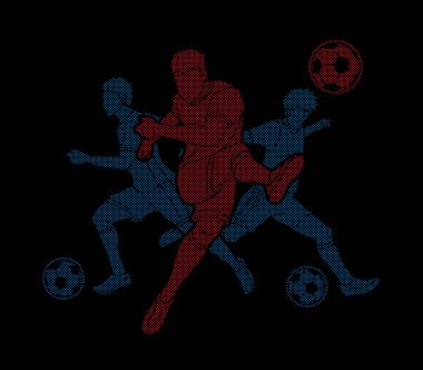 Nokta piksel grafik vektör kullanılarak tasarlanmış üç futbol oyuncu takım kompozisyon.