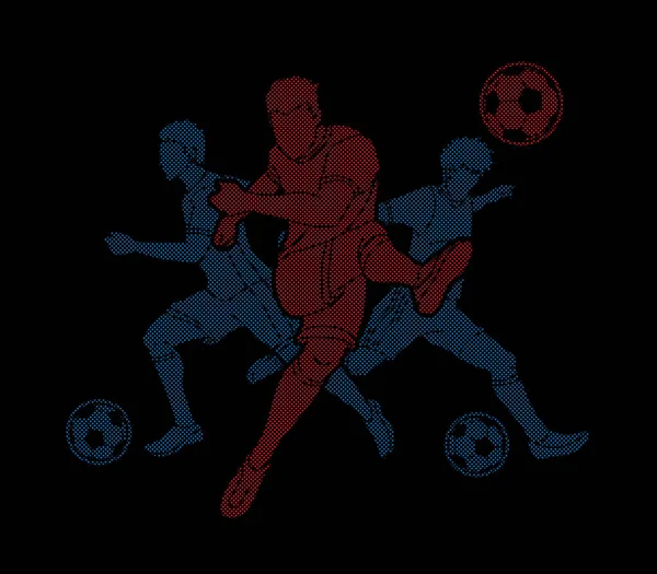 Tres Jugadores Fútbol Composición Del Equipo Diseñado Utilizando Píxeles Puntos — Archivo Imágenes Vectoriales