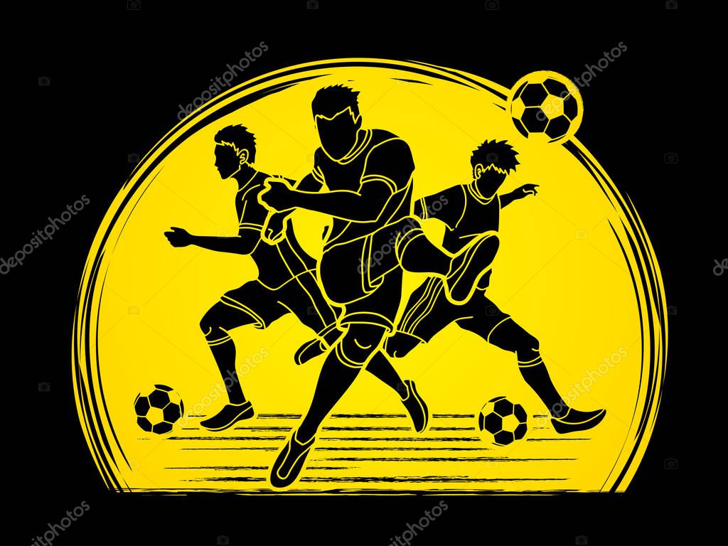 Three Soccer player team composition designed on sunlight background graphic vector.