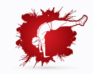 Sokak dansı, B çocuklar dans, Hip Hop dans eylem sıçramak mürekkep arka plan grafik vektör tasarlanmış