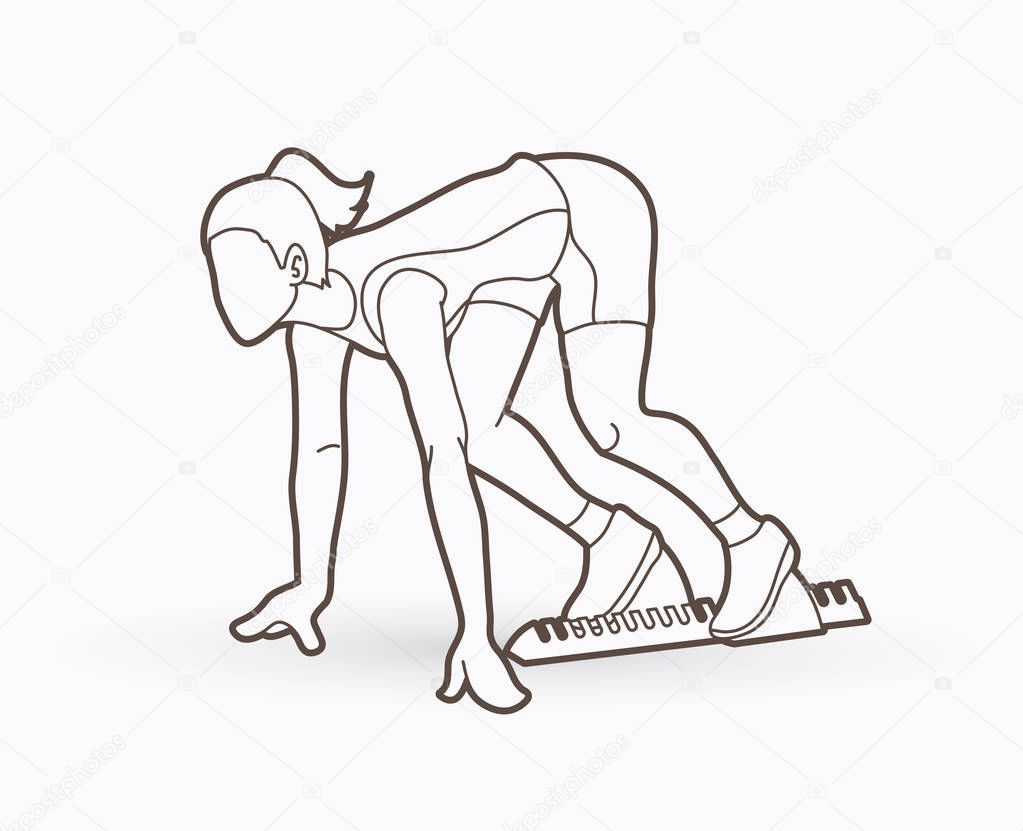 Athlete runner, A woman prepare start running action outline graphic vector