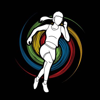 Atlet runner, çalışan bir kadın atlet spin tekerlek arka plan grafik vektör tasarlanmış.