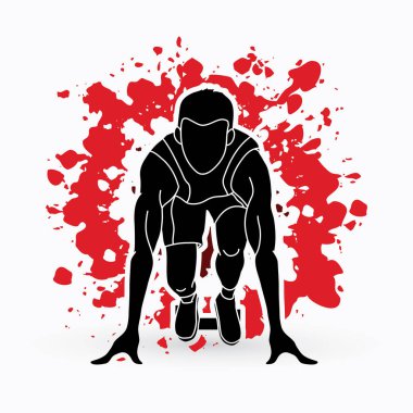 Atlet koşucu, bir adam hazırlamak sıçrama mürekkep grafik vektör tasarlanmış eylem yayınlamaya başlamak