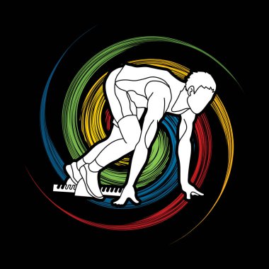 Atlet koşucu, bir adam hazırlamak spin tekerlek arka plan grafik vektör tasarlanmış eylem yayınlamaya başlamak