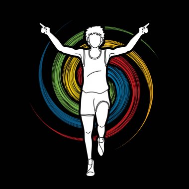 Atlet runner, çalıştıran, spin tekerlek arka plan grafik vektör tasarlanmış kazanan bir adam atlet