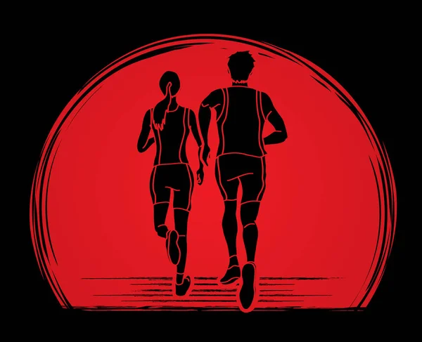Mann Und Frau Laufen Zusammen Menschen Laufen Laufen Marathonlaufen Grafikvektor — Stockvektor
