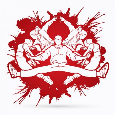 Bir grup insan dans, Hip hop, Street Dance, B Boy mix kompozisyon sıçramak mürekkep arka plan grafik vektör tasarlanmış..