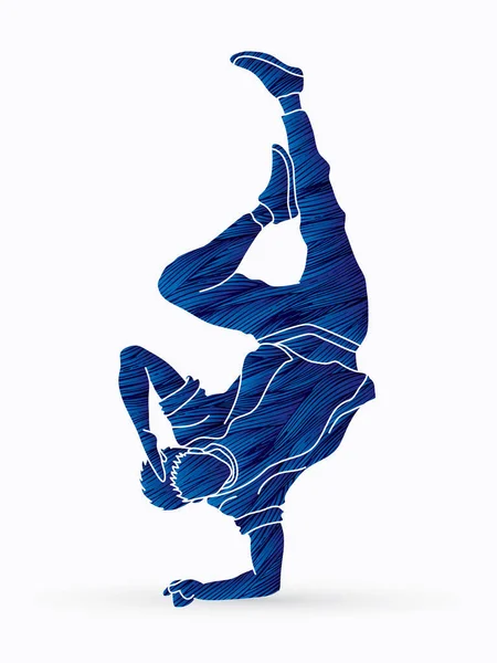 街头舞蹈 男孩舞蹈动作设计使用蓝色垃圾画笔图形矢量 — 图库矢量图片