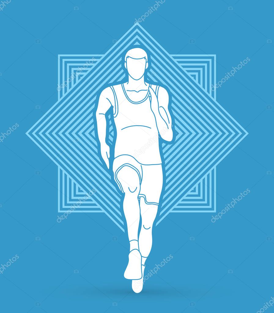 Athlete runner, running front view  designed on line square graphic vector