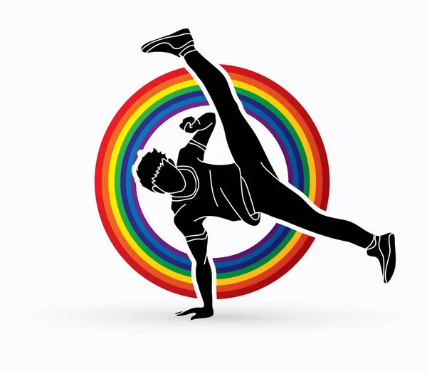 ストリート ダンス ダンサー アクション ライン虹背景グラフィック デザイン — ストックベクタ