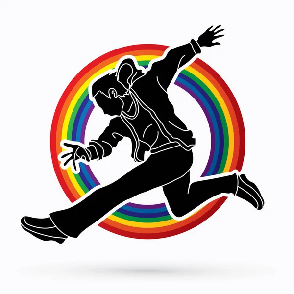 Street Dance Dancer Acción Diseñada Línea Arco Iris Vector Gráfico — Archivo Imágenes Vectoriales