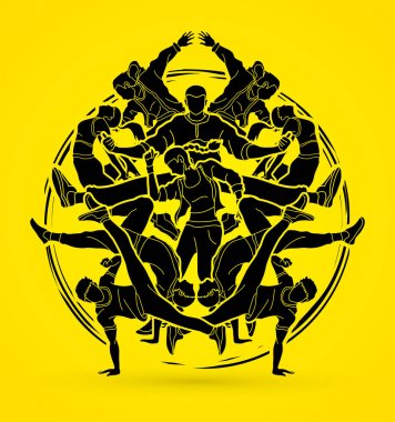 Bir grup insan dans, dans Aksiyon, dansçı eğitim grafik vektör.