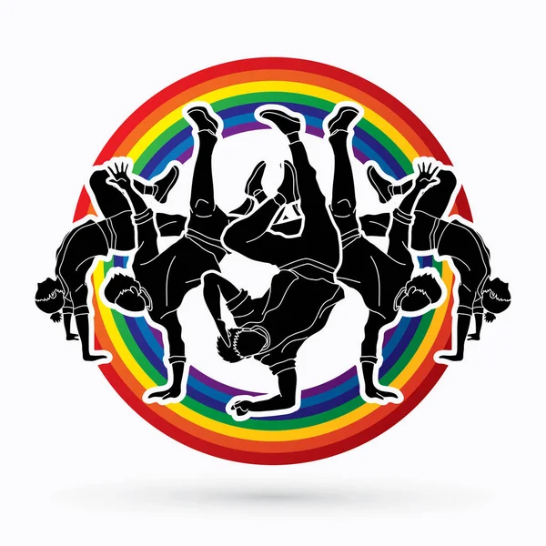 小组的人跳舞 舞蹈动作 舞者训练设计在线彩虹背景图形矢量 — 图库矢量图片
