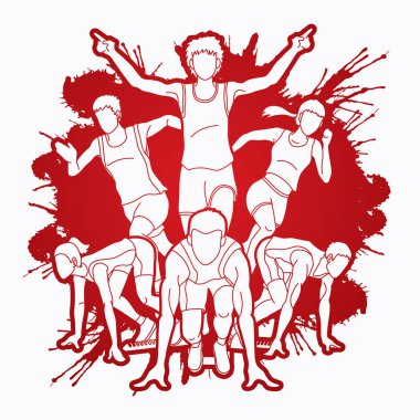 Maraton koşucusu, önden görünüm sıçramak mürekkep arka plan grafik vektör tasarlanmış çalışan insanlar grubu