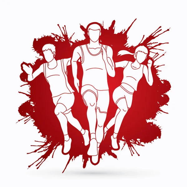 马拉松赛跑者 短跑运动员前面观点设计在飞溅墨水背景图形向量 — 图库矢量图片