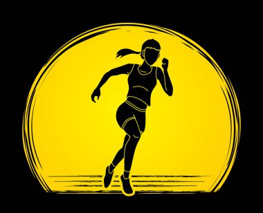 Sprint, gündoğumu arka plan grafik vektör tasarlanmış çalıştıran maraton koşucu