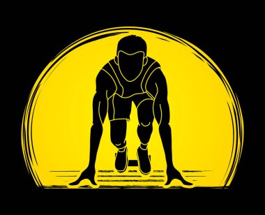 Sprint, gündoğumu arka plan grafik vektör tasarlanmış çalıştıran maraton koşucu