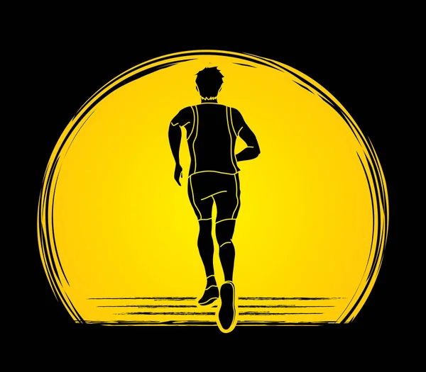 Corredores Sprinting Maratona Corrida Projetado Vetor Gráfico Fundo Nascer Sol —  Vetores de Stock