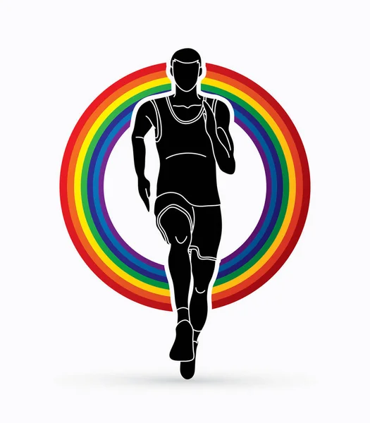 Corredores Corriendo Maratón Corriendo Diseñado Línea Arco Iris Vector Gráfico — Vector de stock