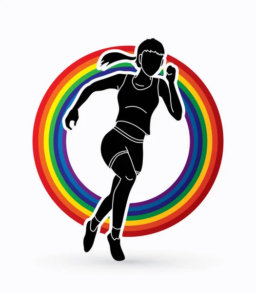 Corredores Corriendo Maratón Corriendo Diseñado Línea Arco Iris Vector Gráfico — Vector de stock