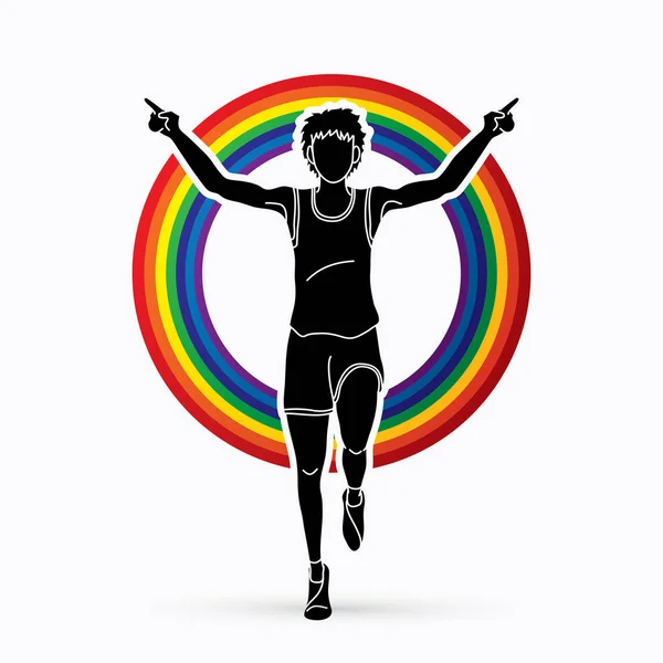 Corredores Corriendo Maratón Corriendo Diseñado Línea Arco Iris Vector Gráfico — Vector de stock