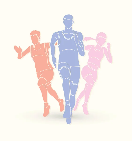 马拉松赛跑者 开始奔跑 小组人运行行动图形向量 — 图库矢量图片