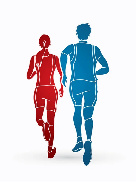 男と女一緒に カップルのマラソン ランナーのグラフィックを実行するベクトルします — ストックベクタ