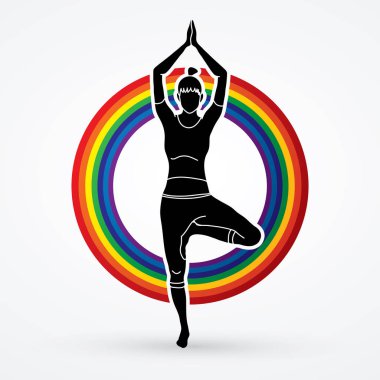 Yoga sınıfı, satır gökkuşağı arka plan grafik vektör tasarlanmış bir kadın pratik yoga.