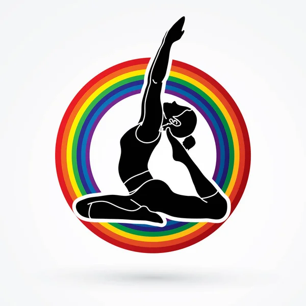 Yoga Class Una Donna Pratica Yoga Progettato Line Arcobaleni Sfondo — Vettoriale Stock