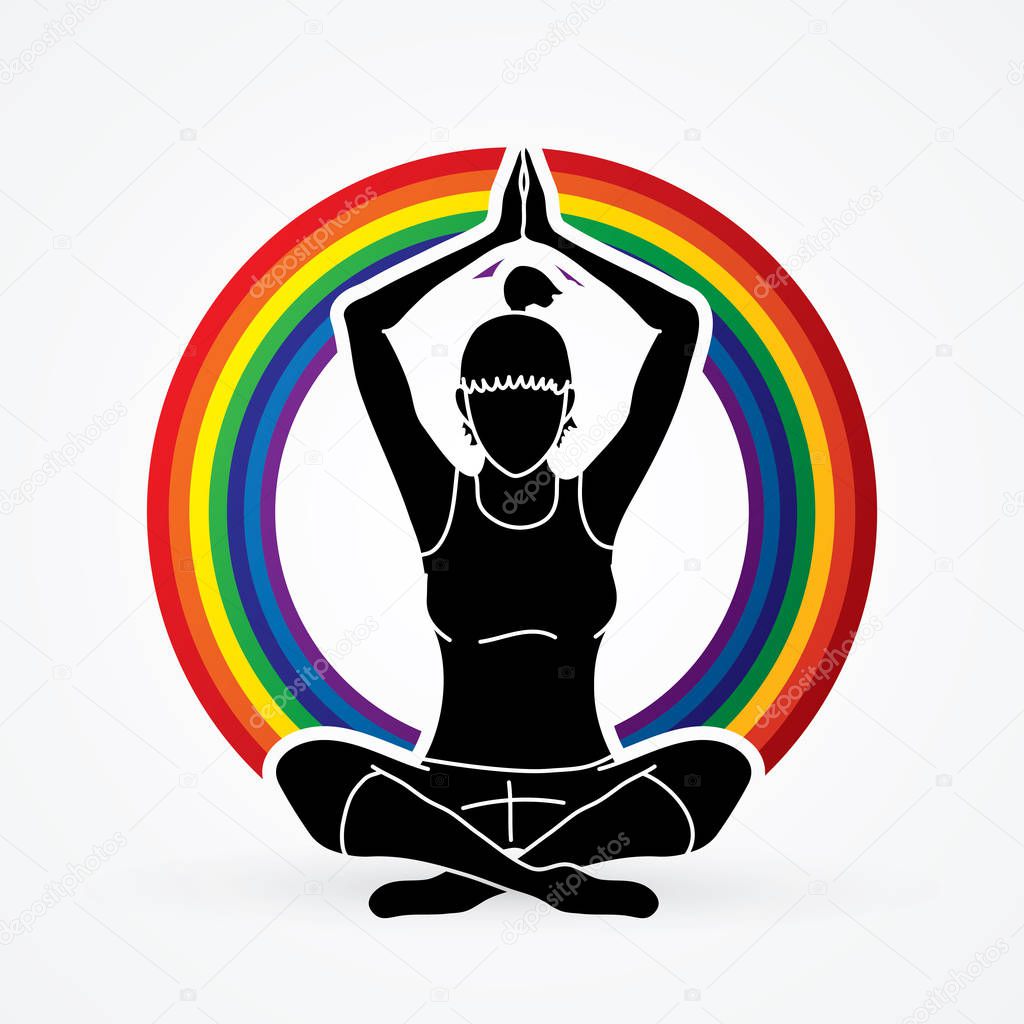 Yoga Class, A woman practice yoga designed on line rainbows background graphic vector.