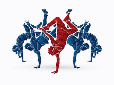Bir grup insan dansçı dans, dans birlikte, grunge fırça grafik vektör kullanılarak tasarlanmış Street dance