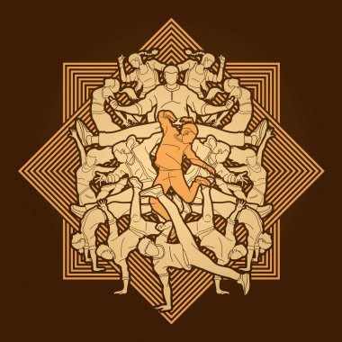 Bir grup insan dansçı, dans dans birlikte, çizgi kare arka plan grafik vektör tasarlanmış Street dance