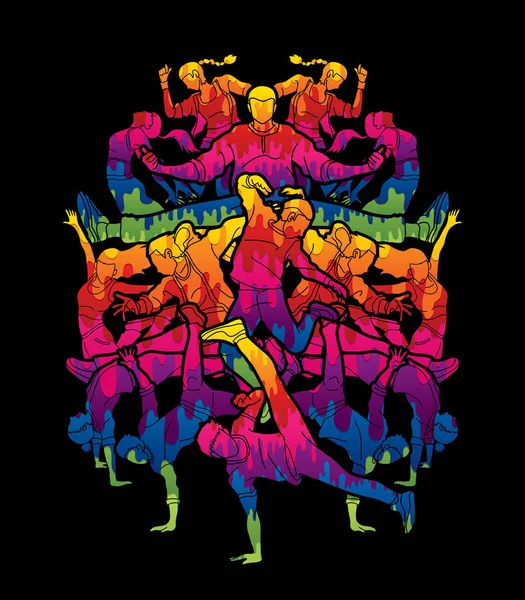 一群人跳舞 舞者一起跳舞 用彩色图形矢量设计的街头舞蹈 — 图库矢量图片