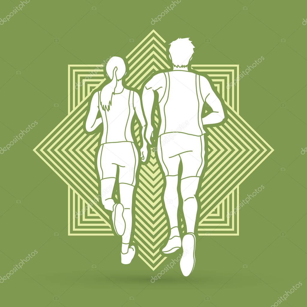 Couple running together, Marathon runner designed on line square background graphic vector