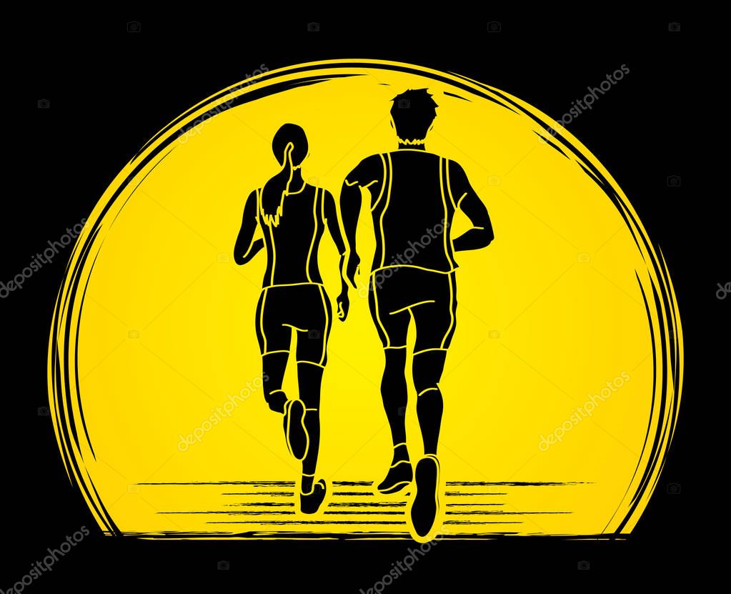 Couple running together, Marathon runner designed on sunset background graphic vector