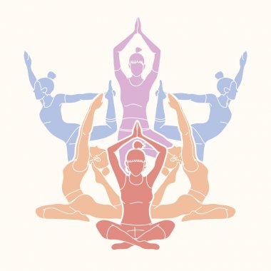 Yoga sınıfı, kadınlar pratik yoga grafik vektör grubu.