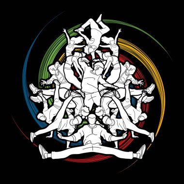 Bir grup insan, sokak dansı Aksiyon, birlikte spin tekerlek arka plan grafik vektör tasarlanmış dans dans