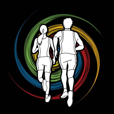 Maraton koşucusu, erkek ve kadın grafik ile birlikte çalışan çalışan çift, vektör.